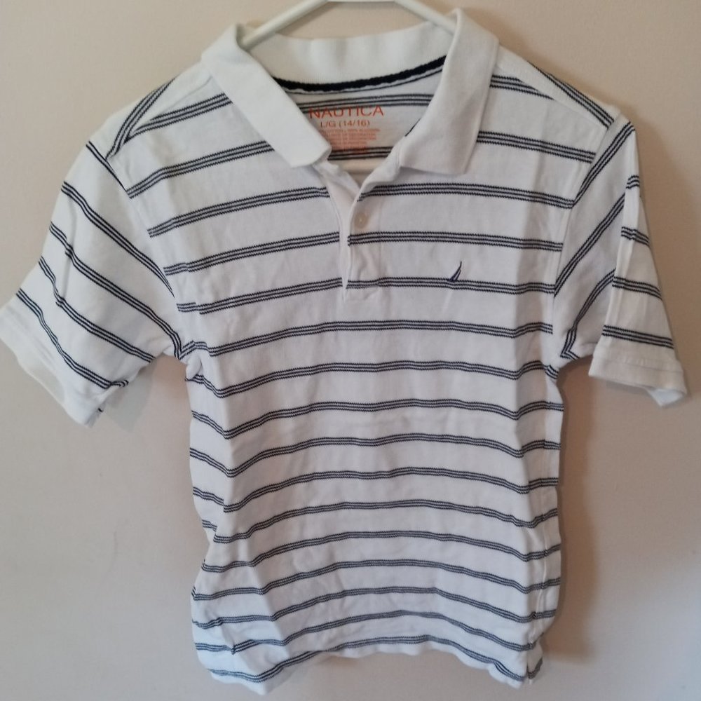 Nautica Boys L 14/16 White Striped Polo